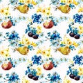 Seamless hand painted pattern with fruits and bright flowers on a white background