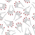 Seamless hand pattern on white background. Cute funny girlish illustration with red nails.