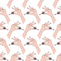 Seamless hand pattern on white background. Cute funny girlish illustration with red nails. Trendy fashion illustration