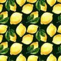 Seamless hand rawn watercolor lemon pattern on dark green background. Botanical illustration of yellow citrus fruits