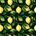 Seamless hand rawn watercolor lemon pattern on dark green background. Botanical illustration of yellow citrus fruits