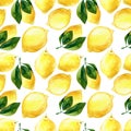 Seamless hand rawn watercolor lemon pattern on white background. Botanical illustration of yellow citrus fruits. Ideal