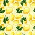 Seamless hand rawn watercolor lemon pattern on yellow background. Botanical illustration of yellow citrus fruits. Ideal for food