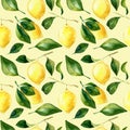 Seamless hand rawn watercolor lemon pattern on yellow background. Botanical illustration of yellow citrus fruits. Ideal