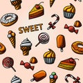 Seamless handdrawn pattern with - cupcakes, donuts