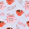 Seamless handdrawn pattern with smiling cup and happy gift box. Vector Valentines day design. Royalty Free Stock Photo