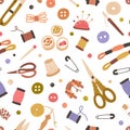 Seamless handicraft pattern with sewing, embroidery and knitting tools on white background. Endless repeatable texture Royalty Free Stock Photo