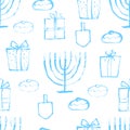 Seamless Hanukkah blue pattern with wooden dreidels, donuts, gift boxes and menorah traditional Candelabra. Happy Hanukkah,