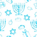 Seamless Hanukkah blue pattern with wooden dreidels, donuts, gift boxes and menorah traditional Candelabra. Happy Hanukkah, Royalty Free Stock Photo