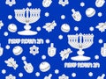 Hanukkah pattern in vector for printing. Background blue. Linear objects on white.