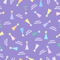 Seamless Happy Birthday party hat pattern, on a bright purple background