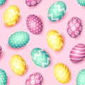 Seamless Happy Easter pattern with realistic eggs with different ornament, holiday background, vector illustration. Fabric and