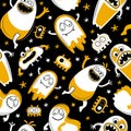 Seamless happy Halloween pattern. Funny cartoon monsters, ghosts, aliens. Scary halloween character design. Terrible monsters Royalty Free Stock Photo