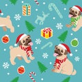 Seamless happy pug dog christmas pattern