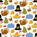 Seamless Happy Thanksgiving pattern with festive elements in a flat style. Hand-drawn background with turkey, pumpkin Royalty Free Stock Photo