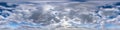 Seamless hdri panorama 360 degrees angle view blue overcast sky with beautiful fluffy cumulus clouds without ground for use in 3d