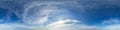 Seamless hdri panorama 360 degrees angle view blue sky with beautiful cumulus clouds with zenith for use in 3d graphics or game Royalty Free Stock Photo