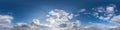 Seamless hdri panorama 360 degrees angle view blue sky with beautiful fluffy cumulus clouds with zenith for use in 3d graphics or Royalty Free Stock Photo