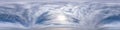 Seamless hdri panorama 360 degrees angle view blue sky with beautiful fluffy cumulus clouds with zenith for use in 3d graphics or Royalty Free Stock Photo