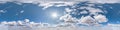 Seamless hdri panorama 360 degrees angle view blue sky with beautiful fluffy cumulus clouds with zenith for use in 3d graphics or Royalty Free Stock Photo