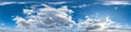 Seamless hdri panorama 360 degrees angle view blue sky with beautiful fluffy cumulus clouds with zenith for use in 3d graphics or Royalty Free Stock Photo