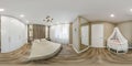 seamless hdri 360 panorama in interior of bedroom with baby cot in flat or apartments in equirectangular projection with zenith