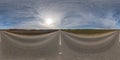 360 seamless hdri panorama view on asphalt no traffic road among fields in summer day with awesome clouds in blue sky in Royalty Free Stock Photo