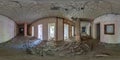 360 seamless hdri panorama view inside empty long corridor hall of abandoned hotel or clinic with concrete walls in Royalty Free Stock Photo