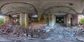 360 seamless hdri panorama view inside empty long corridor hall of abandoned hotel or clinic with concrete walls in Royalty Free Stock Photo