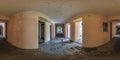 360 seamless hdri panorama view inside empty long corridor hall of abandoned hotel with concrete walls in equirectangular Royalty Free Stock Photo