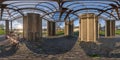 360 seamless hdri panorama view near wooden table next to benches inside modern gazebo near lake at evening in equirectangular