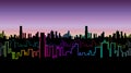 Seamless header of the city at night with versicolor neon color. Vivid glow of the contours of skyscrapers. Royalty Free Stock Photo
