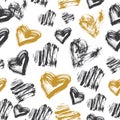 Seamless Heart Pattern. Black, White and Gold Ink Pattern Royalty Free Stock Photo