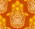 Seamless henna pattern with Hamsa. Boho Buddhas hand.