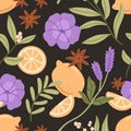 Seamless herbal, floral, fruit pattern. Endless background with aromatic herb, flower, plant, leaf, lemon, anise