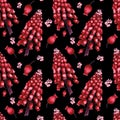 Seamless herbal pattern with watercolor red field flowers of muscari on black background. Ornament of large branches and Royalty Free Stock Photo