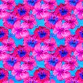 Seamless hibiscus summer fashion floral pattern. Tropical flowers and exotic leaves. Watercolor illustration on neon