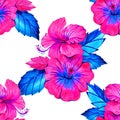 Seamless hibiscus summer fashion floral pattern. Tropical flowers and exotic leaves. Watercolor illustration on neon