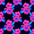 Seamless hibiscus summer fashion floral pattern. Tropical flowers and exotic leaves. Watercolor illustration on neon