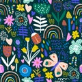 Seamless hight detailed botanical pattern with rainbows, bugs, butterfly, flowers, leaves. Floral texture for fabric, textile, Royalty Free Stock Photo