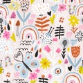 Seamless hight detailed botanical pattern with rainbows, mushrooms, bugs, butterfly, flowers, leaves. Hand drawn pink Floral Royalty Free Stock Photo