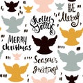Seamless Holiday hand drawn pattern with christmas angels and hand written lettering. Vector Illustration.