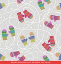 Seamless holiday pattern with striped mittens and snow Royalty Free Stock Photo