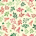 Seamless Holiday vector background with abstract leaves red, green, beige. Simple leaf texture, endless foliage pattern. Christmas