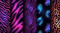Seamless holographic fur textures. Zebra, tiger stripes and cheetah dot swatches. Realistic 3d modern neon patterns Royalty Free Stock Photo