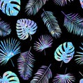 Seamless holographic vector pattern with palm leaves on dark bac
