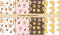 Seamless honey pattern with bees, flower, honeycomb, jar