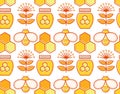 Seamless honey pattern with stroked beekeeping signs