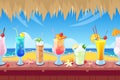 Seamless horizontal background with wooden bar counter and alcohol cocktails and beverages on desk. Vector illustration.