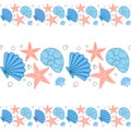 Seamless horizontal border with blue and red cockleshells and sea stars